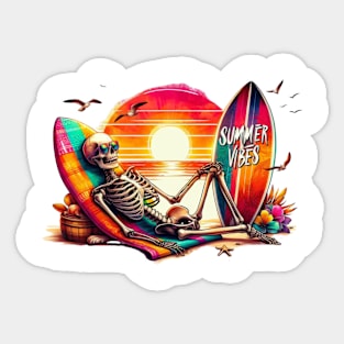 Summer Skeleton Relaxing by the Beach Sunset Surfboard Sticker